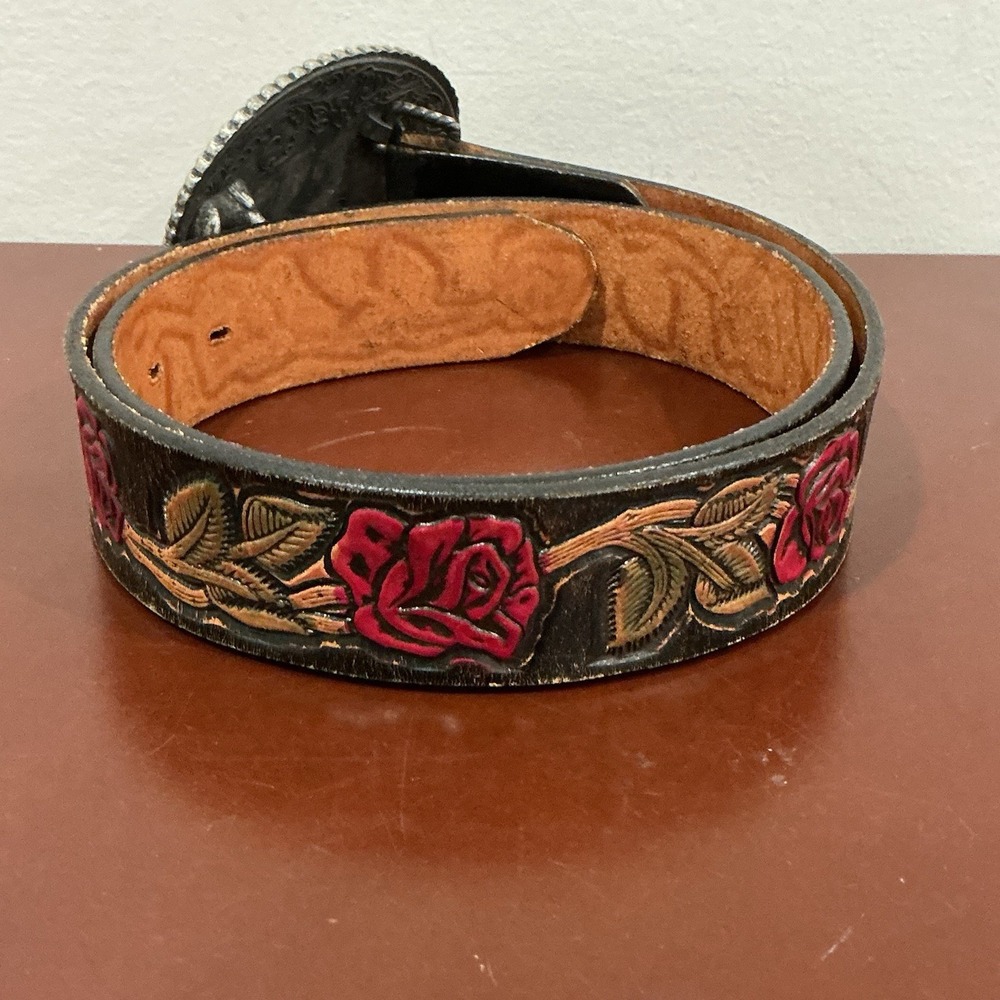 Vintage Western Tooled Leather Belt 30 Black Floral With Rose Gold Buckle USA